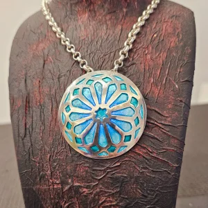 Colgante Rosetón Plata Esmalte Azul Turquesa - Joyería Geométrica Mosaico